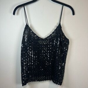 Helene Sidel Women's 10 Vintage Sequin V-neck Camisole Top Black Spaghetti Strap